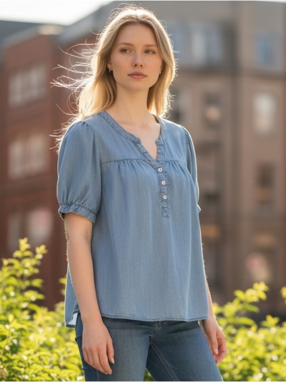 Baltic Born Dori Button Top Blue Wash‎ Quarter Button Short Sleeve Women’s Large